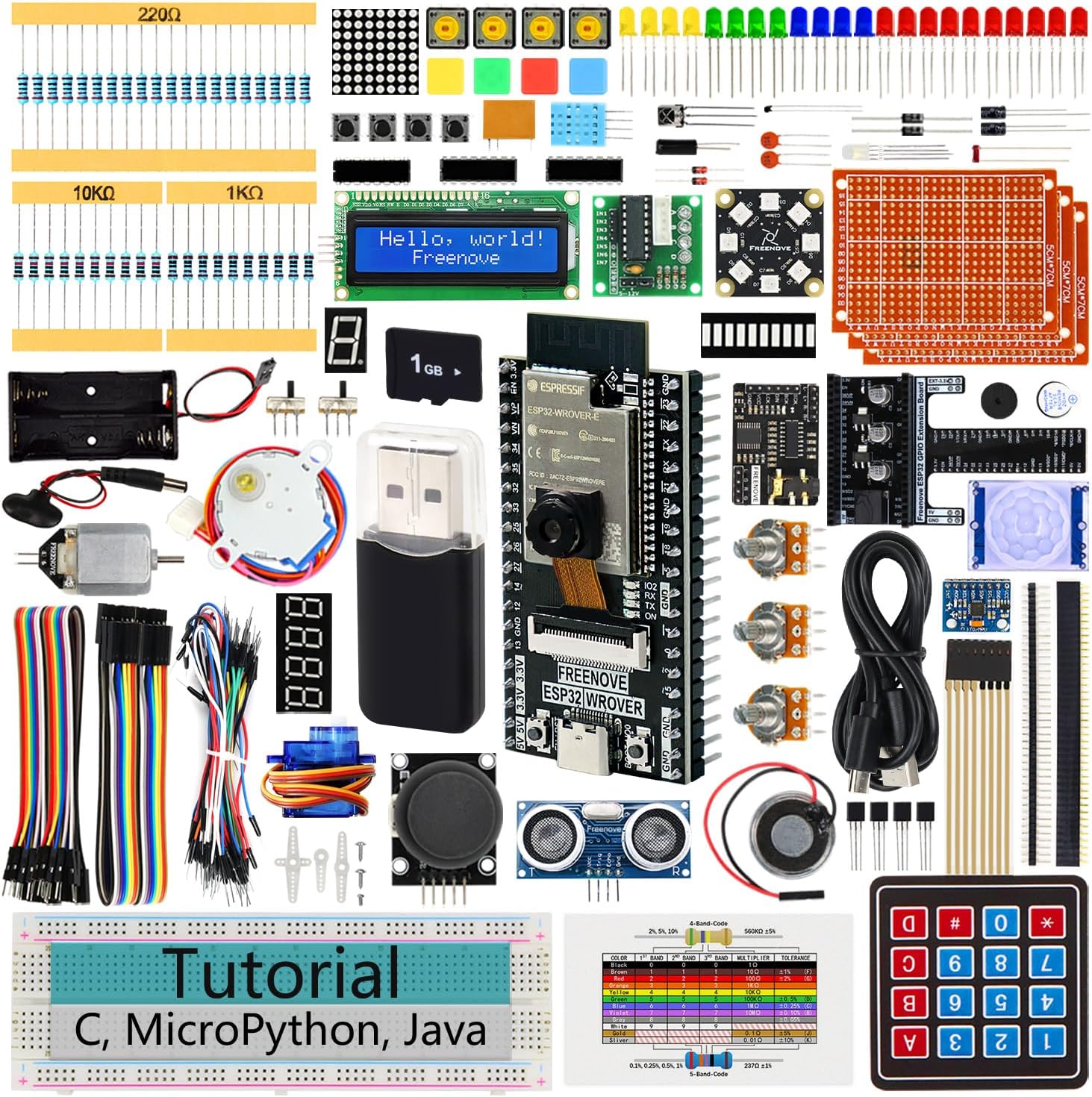Everything in the Freenove kit, laid out and labeled